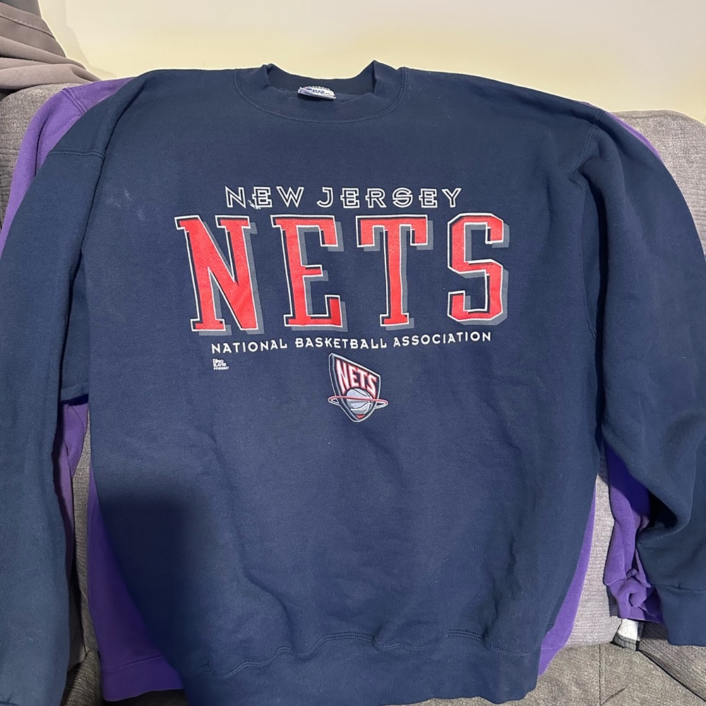 Pro Player Navy and Red New Jersey Nets Crewneck Sweater